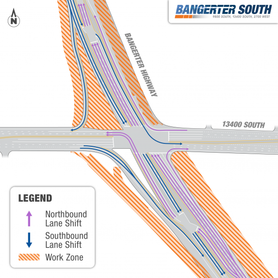 Map showing traffic lanes shifting to allow construction work on Bangerter/13400 South to progress