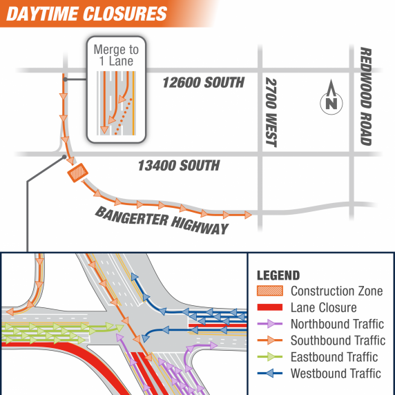 Map showing lane closures on Bangerter Highway between 12600 South and 2700 West.