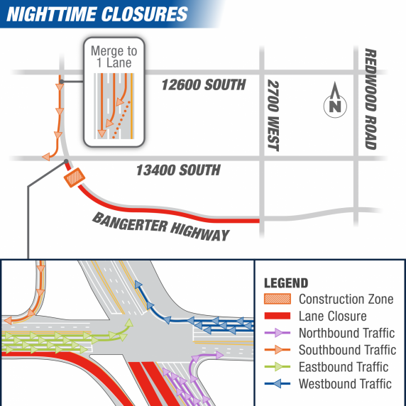 Map showing lane closures on Bangerter Highway between 12600 South and 2700 West.